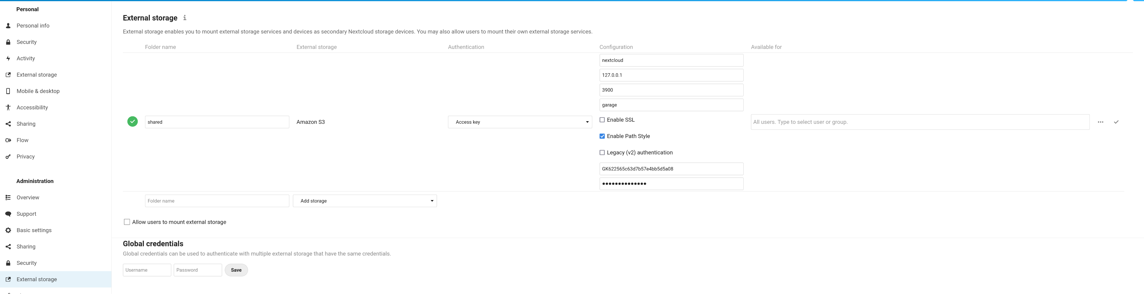 Screenshot of the External Storage form